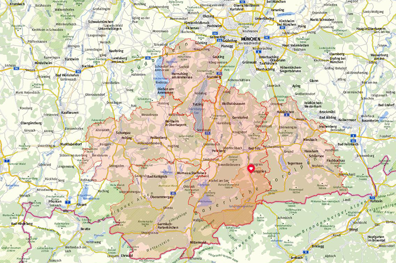 Landkarte der von Meyers Service bedienten Einzugsregion südlich von München